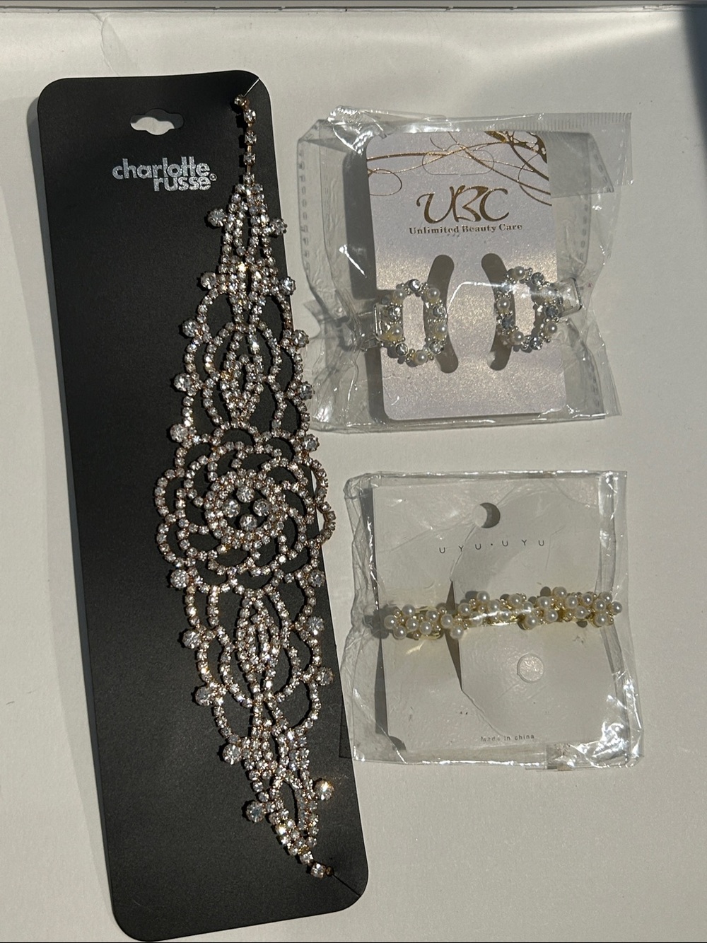 Charlotte Russe Clear Crystal Filigree Head Band and Pearl Hair Clips